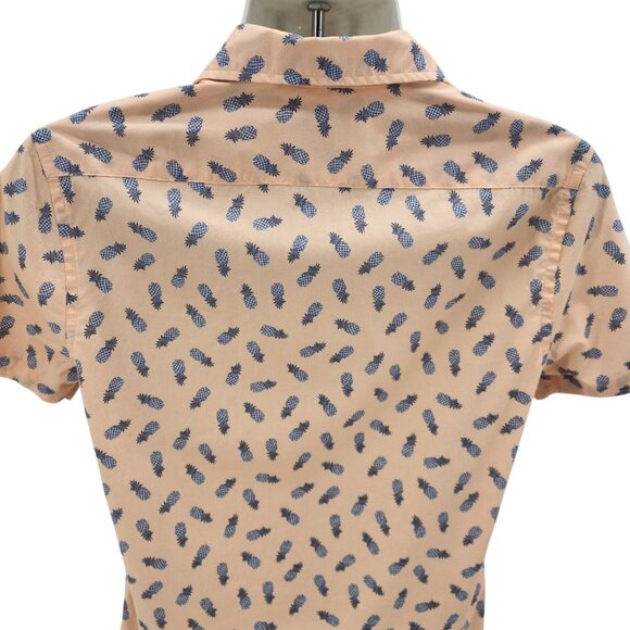 Express Mens Small Shirt Slim Soft Wash Pineapple Peach Blue Button Tropical - Picture 5 of 9